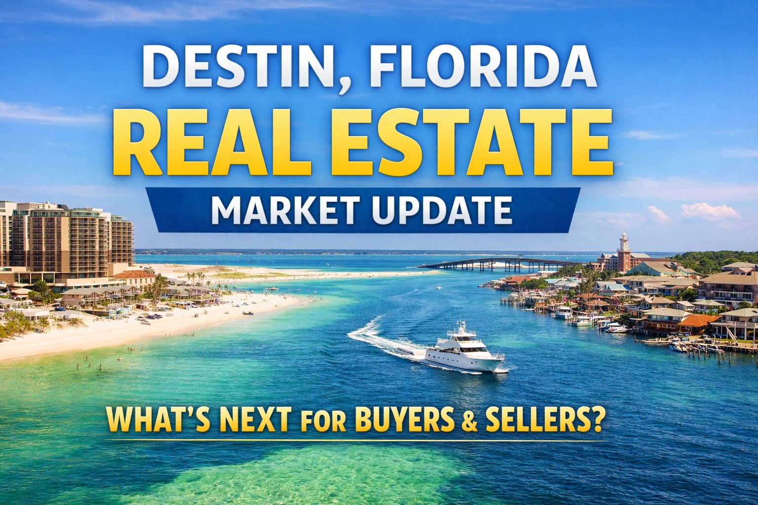 Destin Florida real estate market update featuring Destin Harbor, emerald-green Gulf waters, and beachfront condos along the Emerald Coast