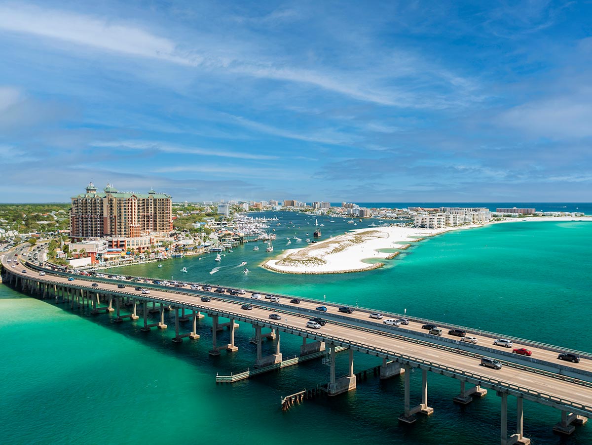Aerial view of Destin Florida beachfront homes and emerald green Gulf waters