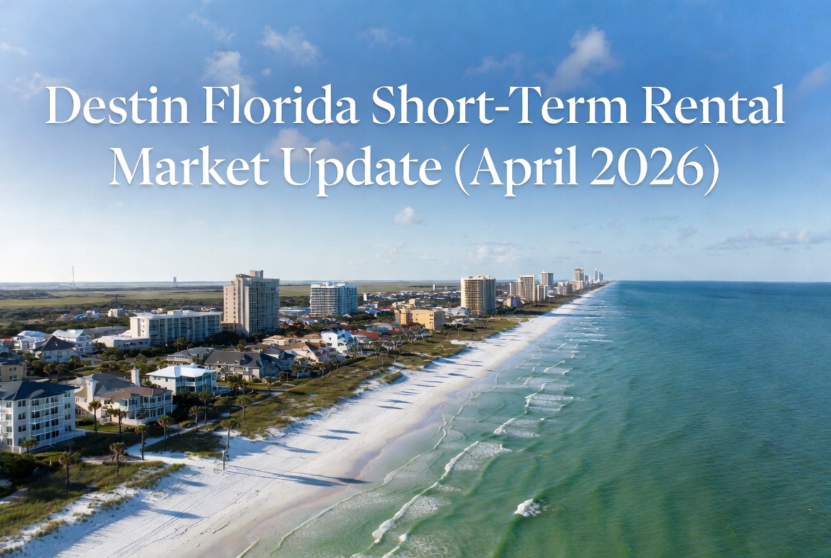 Destin Florida beachfront aerial view with luxury short-term rental properties along the Gulf Coast – April 2026 Market Update