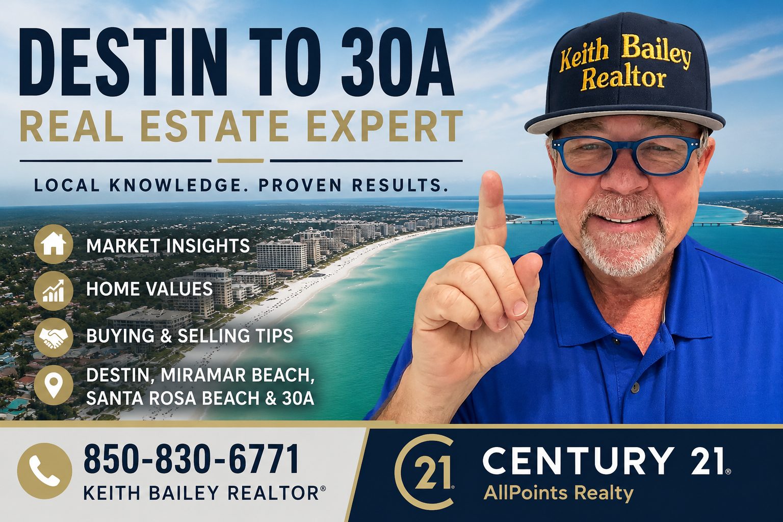 Keith Bailey Realtor, Destin real estate expert, providing market updates for Destin, Miramar Beach, Santa Rosa Beach, and 30A with Emerald Coast aerial beach background.
