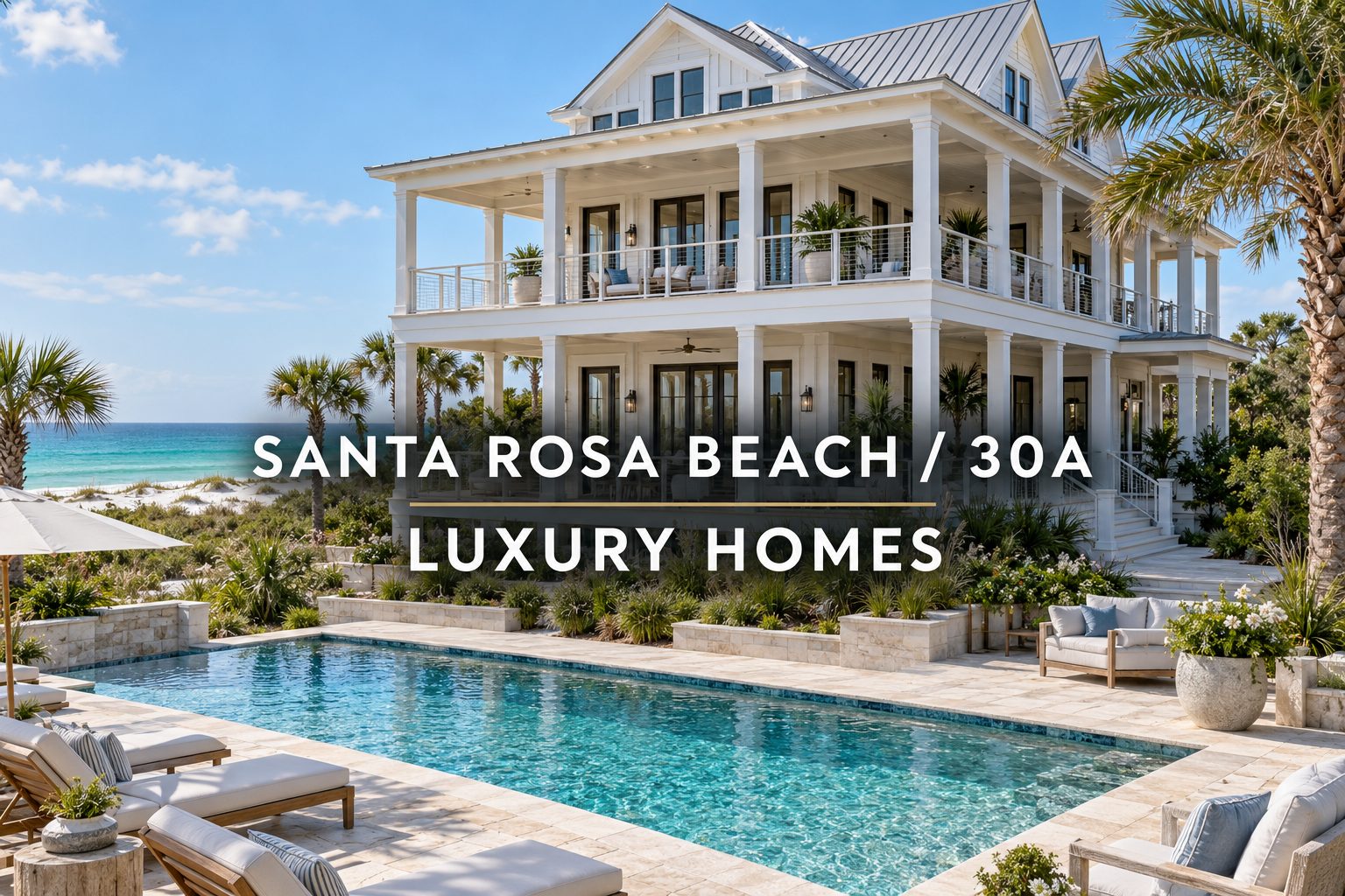 Santa Rosa Beach and 30A luxury homes search graphic featuring a coastal home, swimming pool, and Gulf view