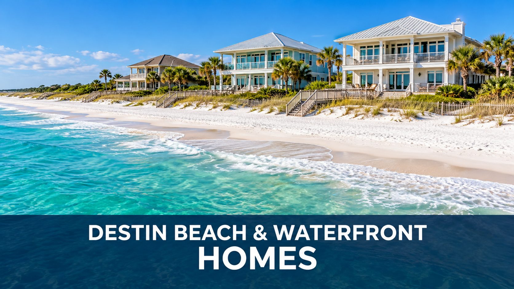 Illustration of beachfront homes beside white sand and emerald water, representing Destin, Florida.