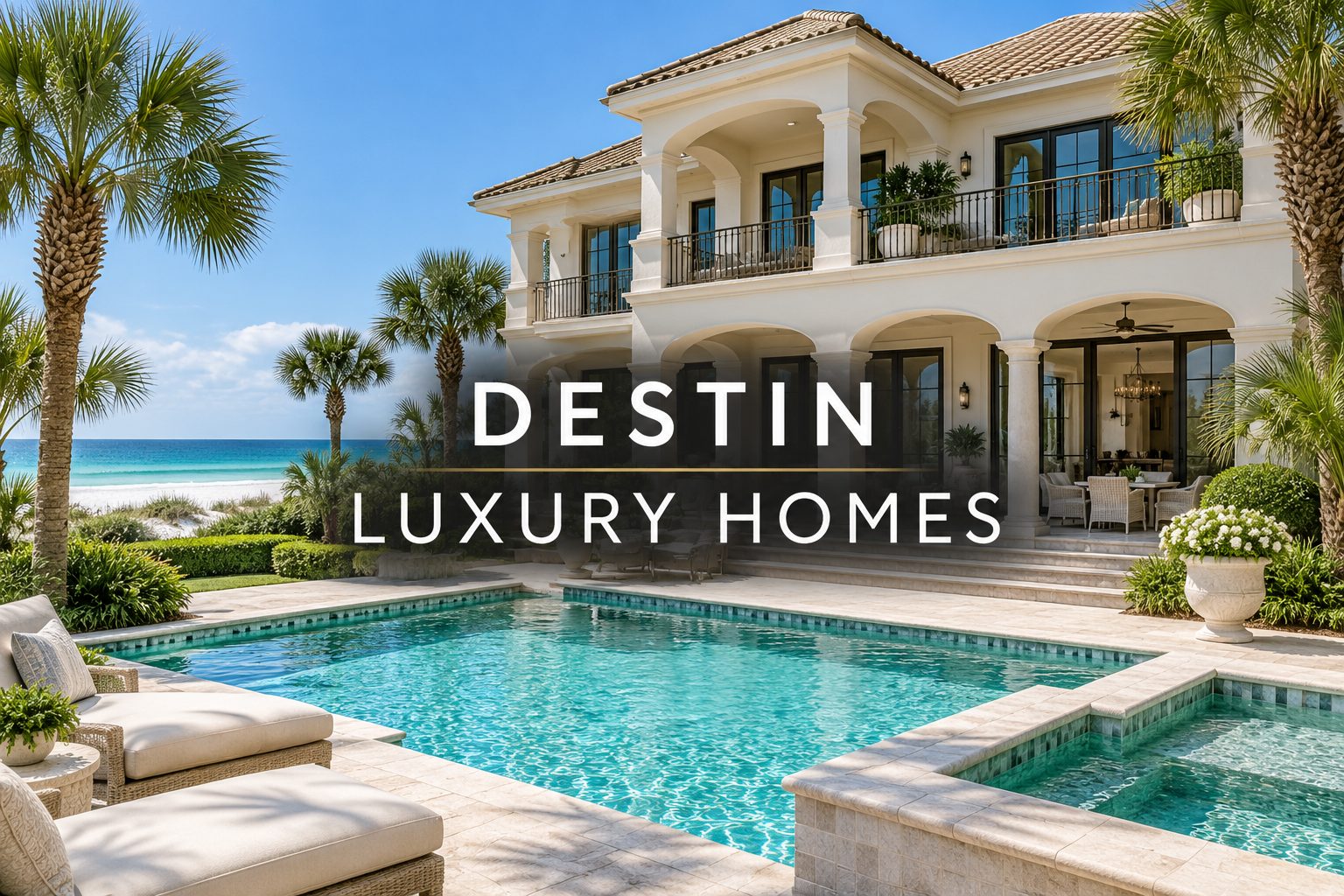 Destin luxury homes search graphic featuring a coastal home, swimming pool, and Gulf view
