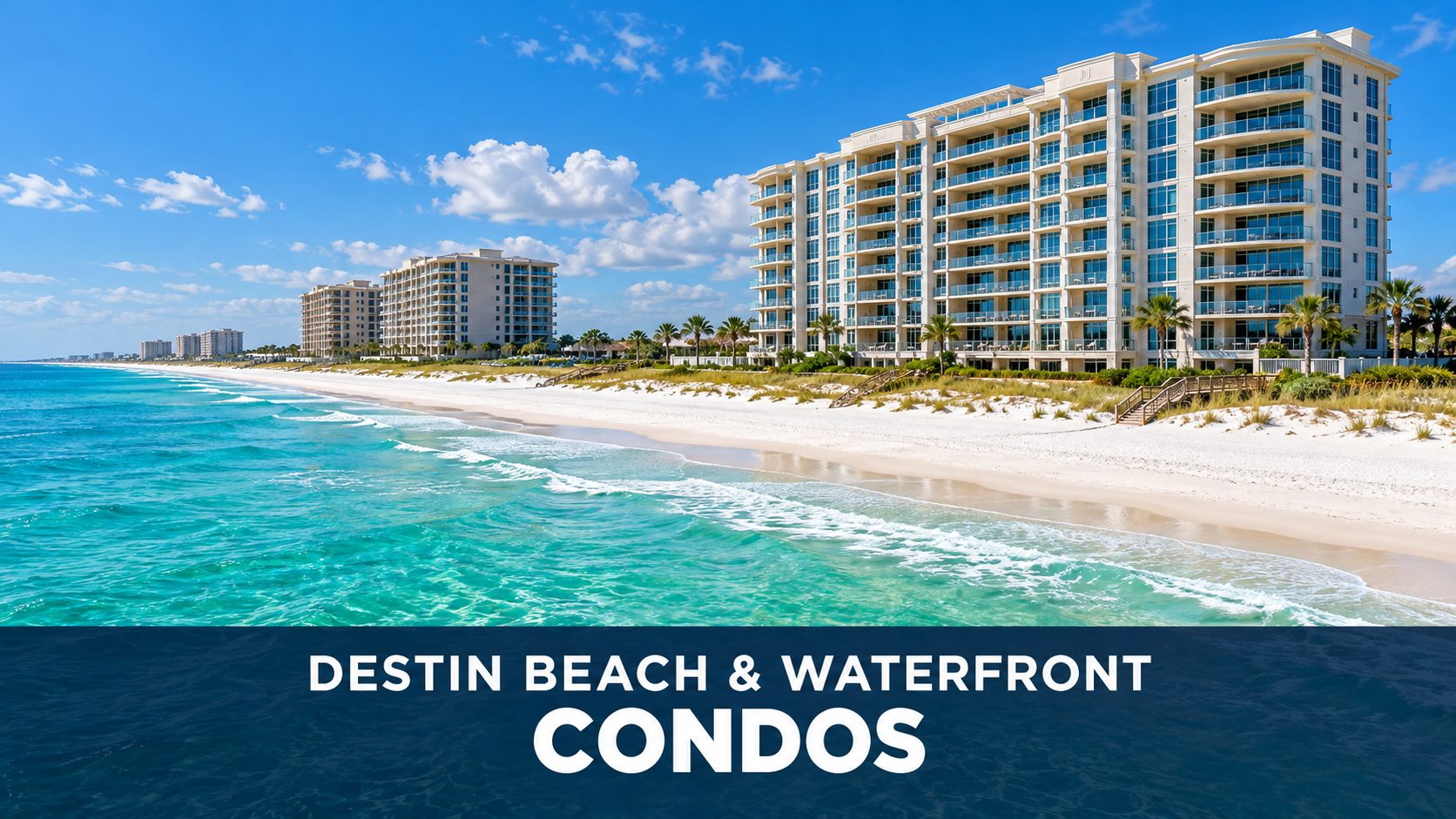 Illustration of beachfront condominium buildings beside white sand and emerald water, representing Destin, Florida.