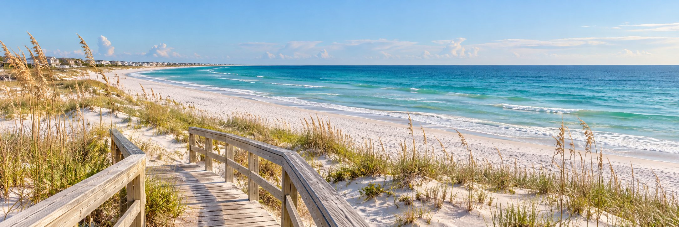 Wooden beach walkover through white sand dunes and sea oats beside turquoise water