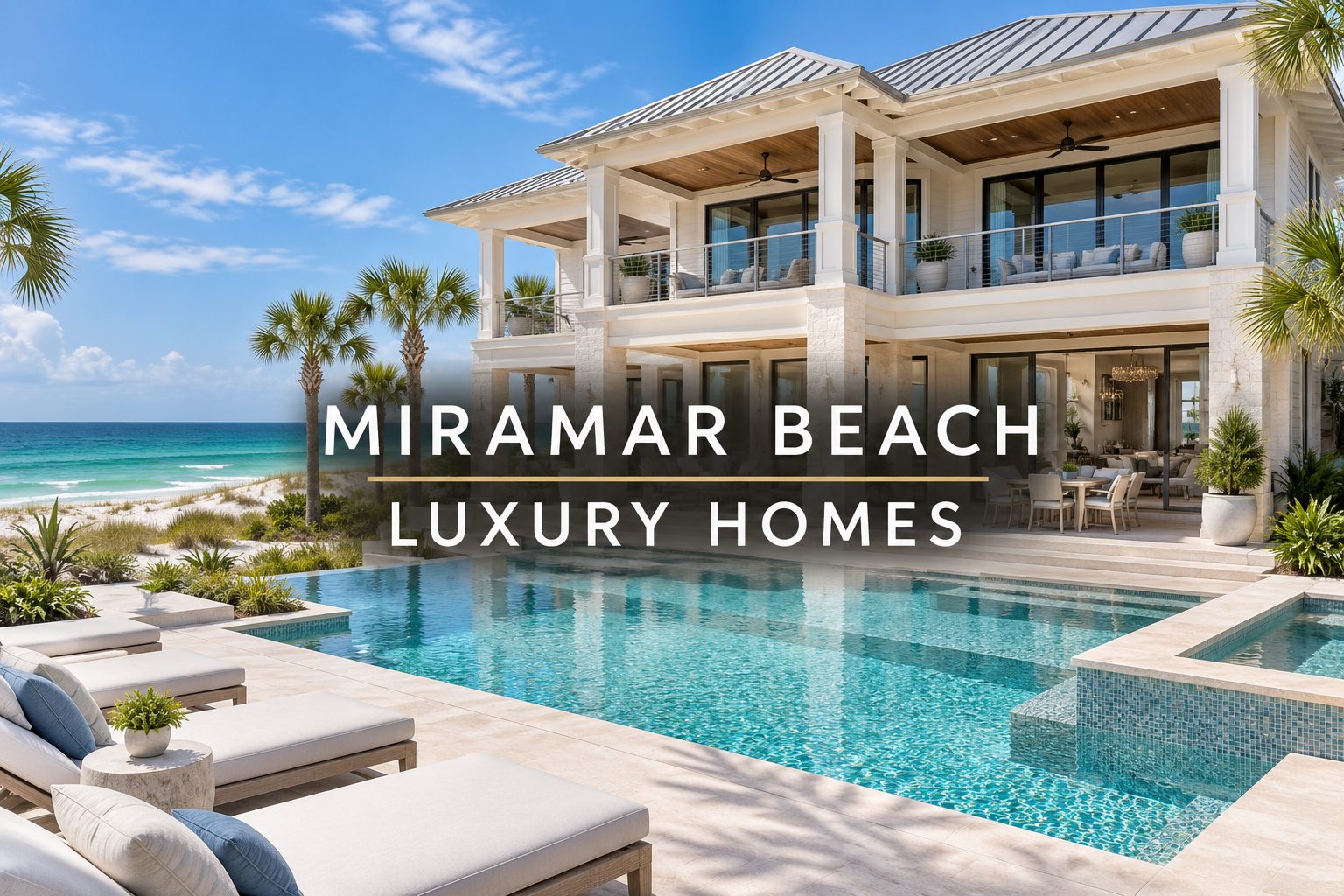 Miramar Beach luxury homes search graphic featuring a coastal home, swimming pool, and Gulf view